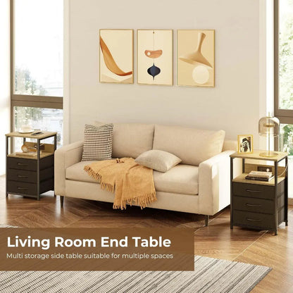 Dual-Function Nightstands with Charging Ports and LED Lights, Pair of 3-Drawer Bedside Tables with USB Charging