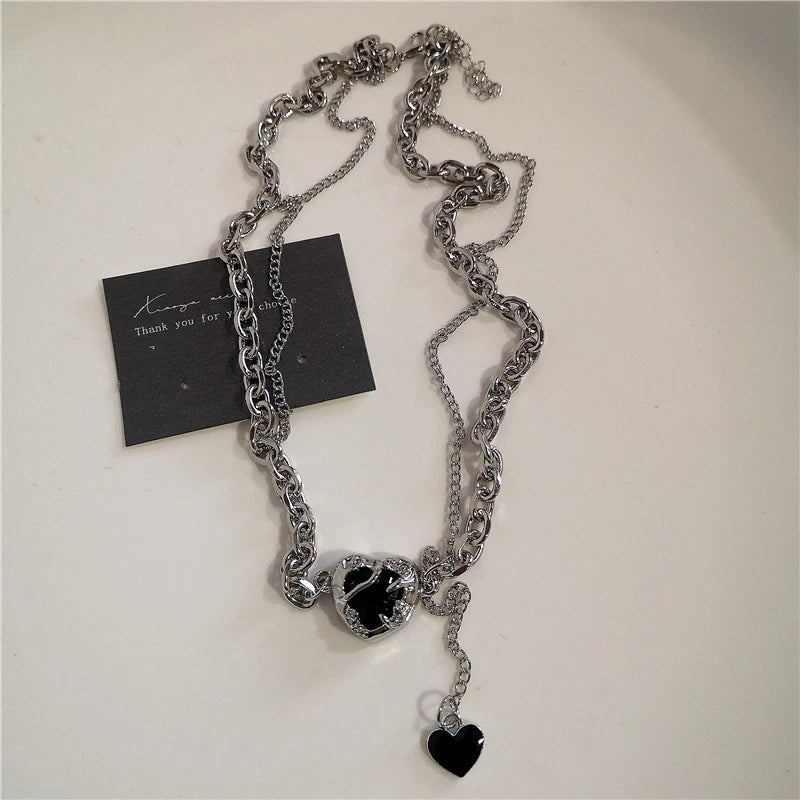 Y2K Punk Heart Cross Pendant Necklace - Grunge Goth Chain for Men Women