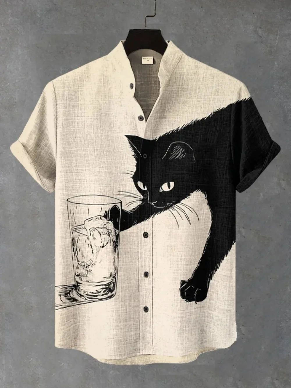 Men's Japanese Retro Black Cat Print Linen Shirt - Short Sleeve Stand Collar Casual Top
