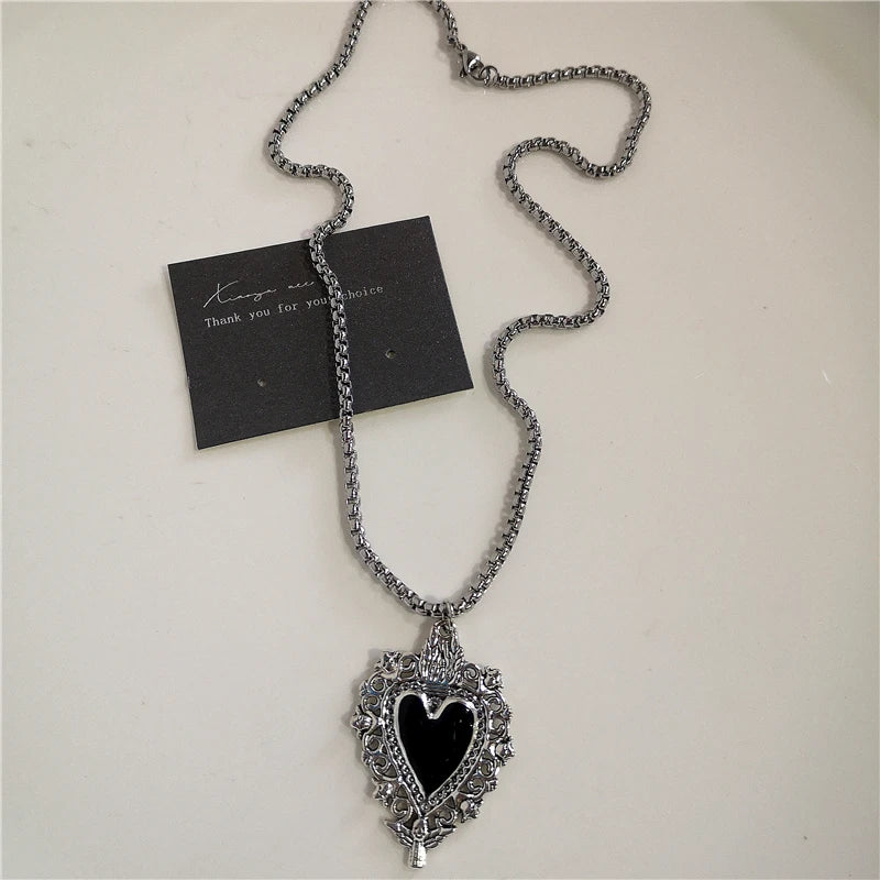 Y2K Punk Heart Cross Pendant Necklace - Grunge Goth Chain for Men Women
