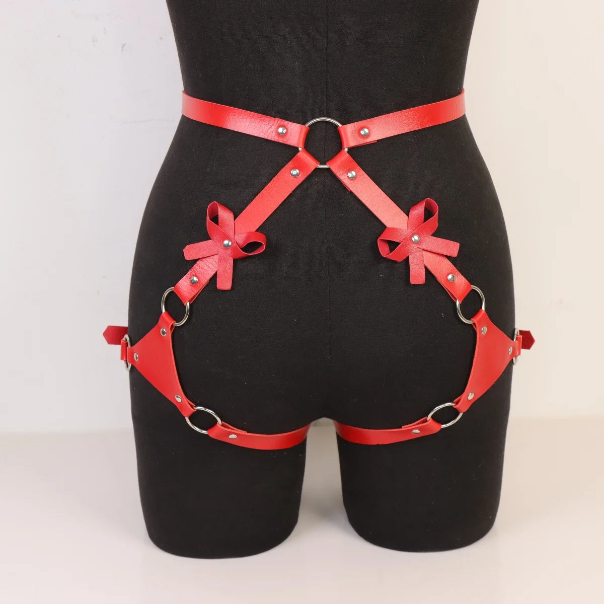 Gothic Punk Red Leather Thigh Harness Belt with Ring Detail