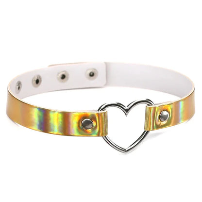 Holographic Heart Ring PU Leather Choker Necklace - Gothic Laser Collar