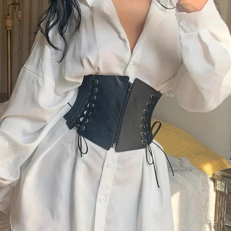 Punk PU Leather Corset Wide Belt - Gothic Elastic Bustier Dress Girdle