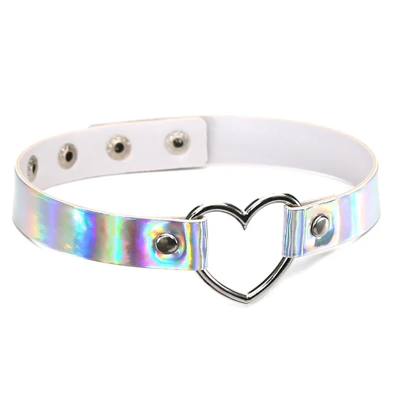 Holographic Heart Ring PU Leather Choker Necklace - Gothic Laser Collar
