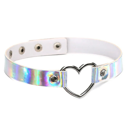 Holographic Heart Ring PU Leather Choker Necklace - Gothic Laser Collar