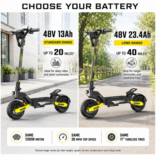 1200W Off Road Electric Scooter for Adults 48V Long Range E-Scooter 30MPH Fast Speed 11" Tubeless Tire Foldable Kick Scooter