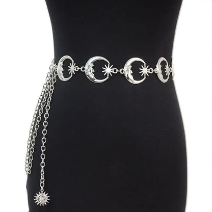 Punk Hip Hop Sun Waist Chain Belt – Vintage Gold & Silver Metal High Waist Chain for Women
