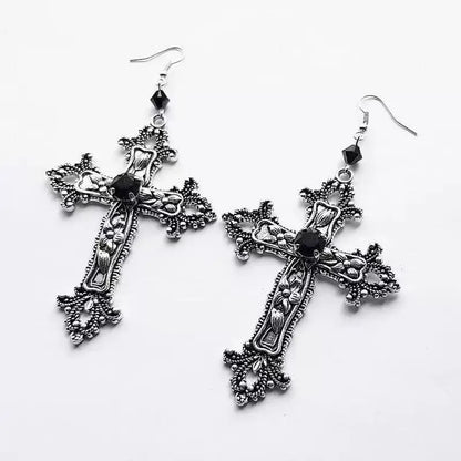 Gothic Black Zircon Crucifix Drop Earrings – Silver Punk Cross Dangle Earrings for Women