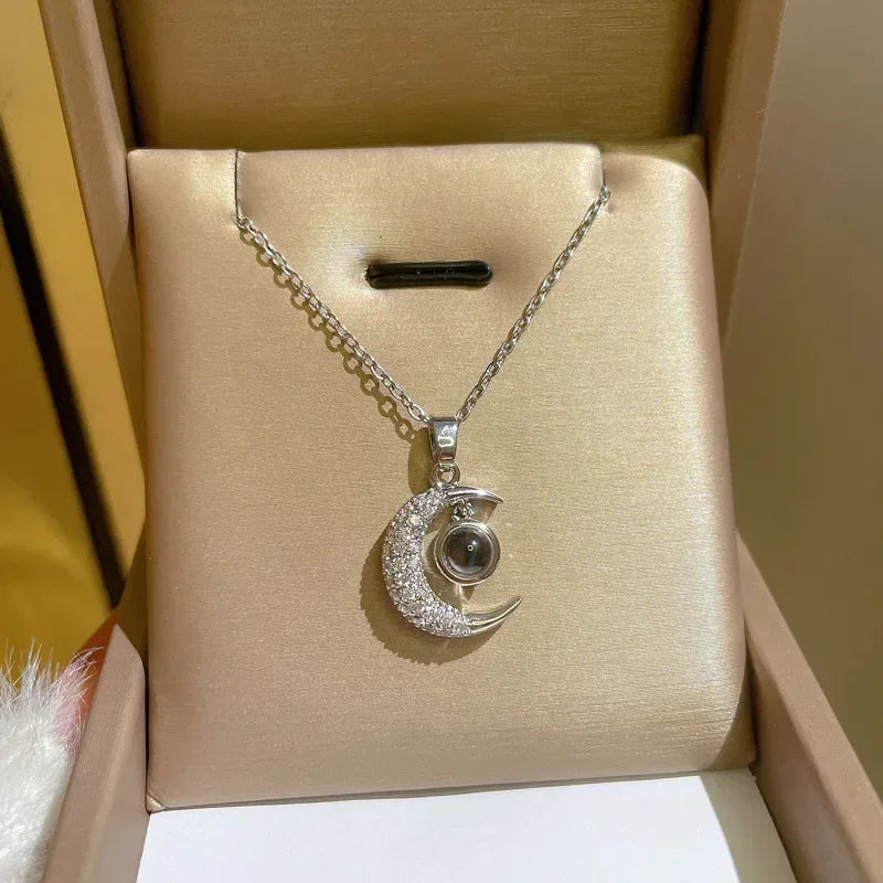 Crescent Moon Pendant Necklace Stainless Steel Zircon Vintage Jewelry