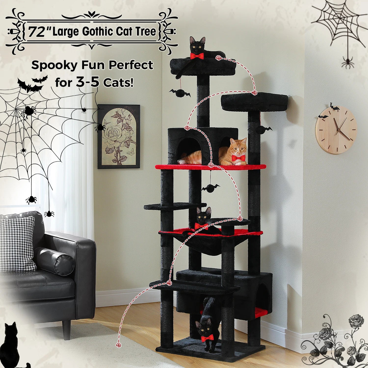 Large Cat Tree Tower with Hammock And Perches Sisal Scratching Posts Spacious Condos And Cat Toys for Indoor Cats Grey/Beige/Black