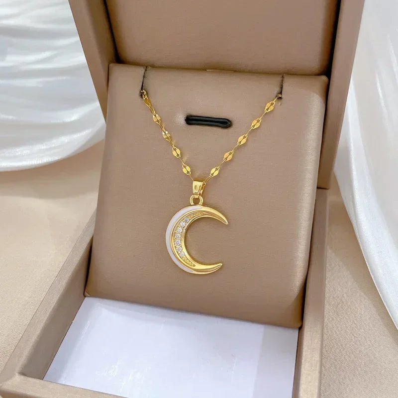 Crescent Moon Pendant Necklace Stainless Steel Zircon Vintage Jewelry