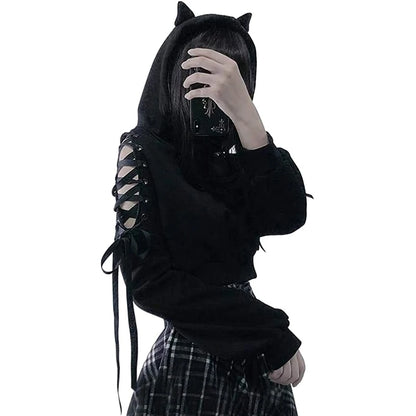 Y2K Gothic Cat Ear Crop Hoodie for Women - Hollow Out Lace-Up Long Sleeve Pullover
