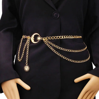 Punk Hip Hop Sun Waist Chain Belt – Vintage Gold & Silver Metal High Waist Chain for Women