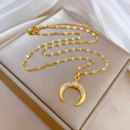 Crescent Moon Pendant Necklace Stainless Steel Zircon Vintage Jewelry