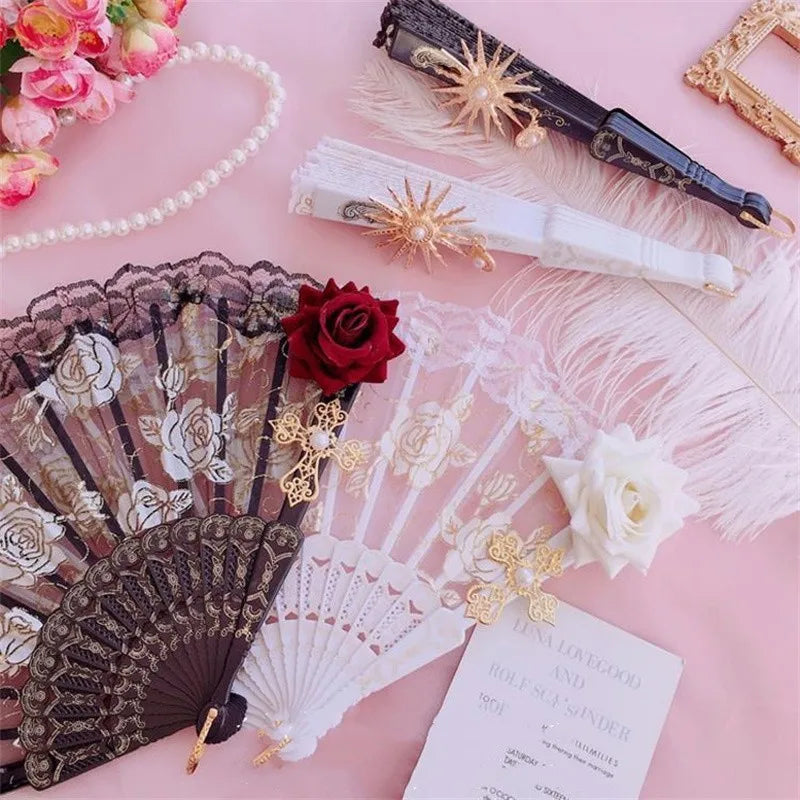 Lolita Lace Hand Fan – Gothic Victorian Folding Fan with Rose, Black White Red