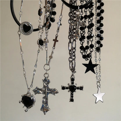 Punk Star Heart Cross Double Layer Chain Necklace – Y2K Grunge & EMO Rock Style for Men and Women