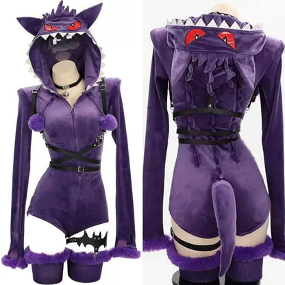Purple Ghost Hooded Plush Bodysuit Cosplay Costume with Tail for Women