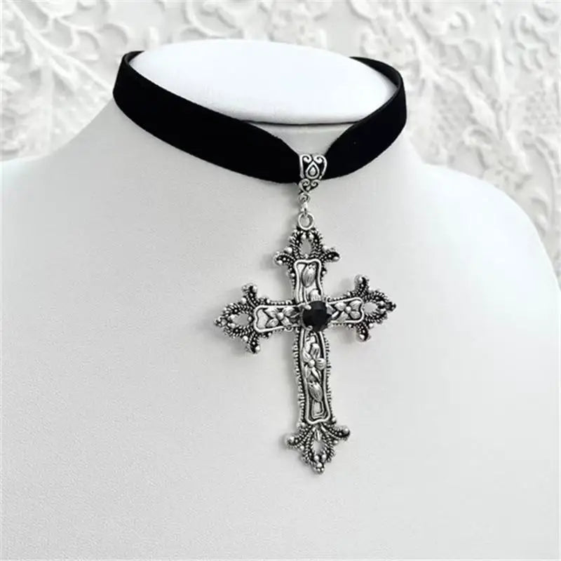 Gothic Black Zircon Crucifix Drop Earrings – Silver Punk Cross Dangle Earrings for Women