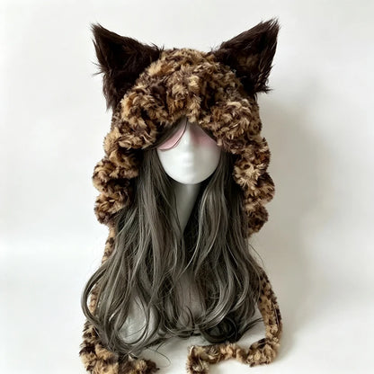 Handmade Crochet Moss Green Fox Ear Hat – Plush Floral Knit Goblincore Winter Hood
