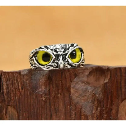 Evil Eye Owl Adjustable Ring, Antique Silver Gothic Punk Animal Finger Jewelry