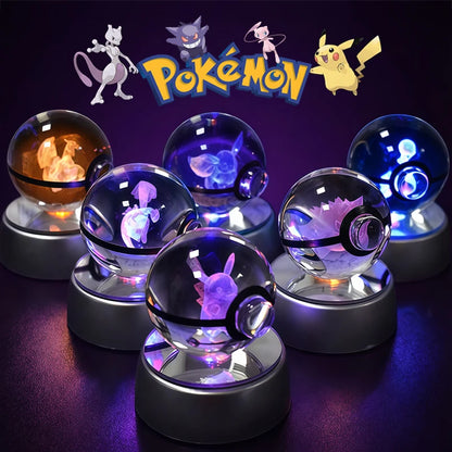 Pokemon 3D Crystal Ball Night Light - Glass Pokeball LED Lamp with Pikachu, Mewtwo & Gengar