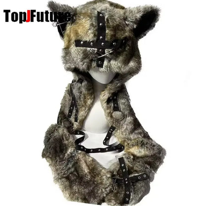 Women's Gothic Harajuku Fluffy Eyes Winter Hat with Zipper Scarf and Gloves