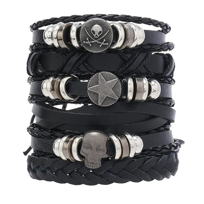 Black Punk Skull & Star Leather Bracelet Set – Gothic Alloy Wristband for Men & Women