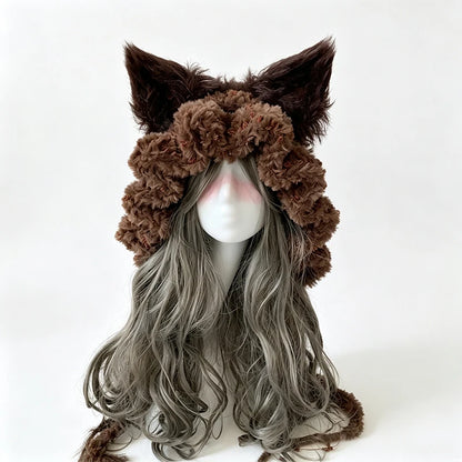 Handmade Crochet Moss Green Fox Ear Hat – Plush Floral Knit Goblincore Winter Hood