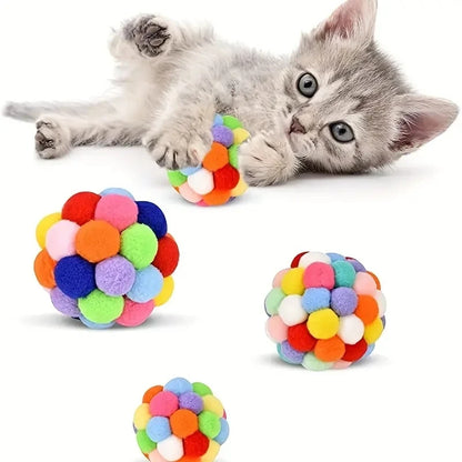 Colorful Pom Pom Cat Toy Ball with Bell Interactive Kitten Play Balls