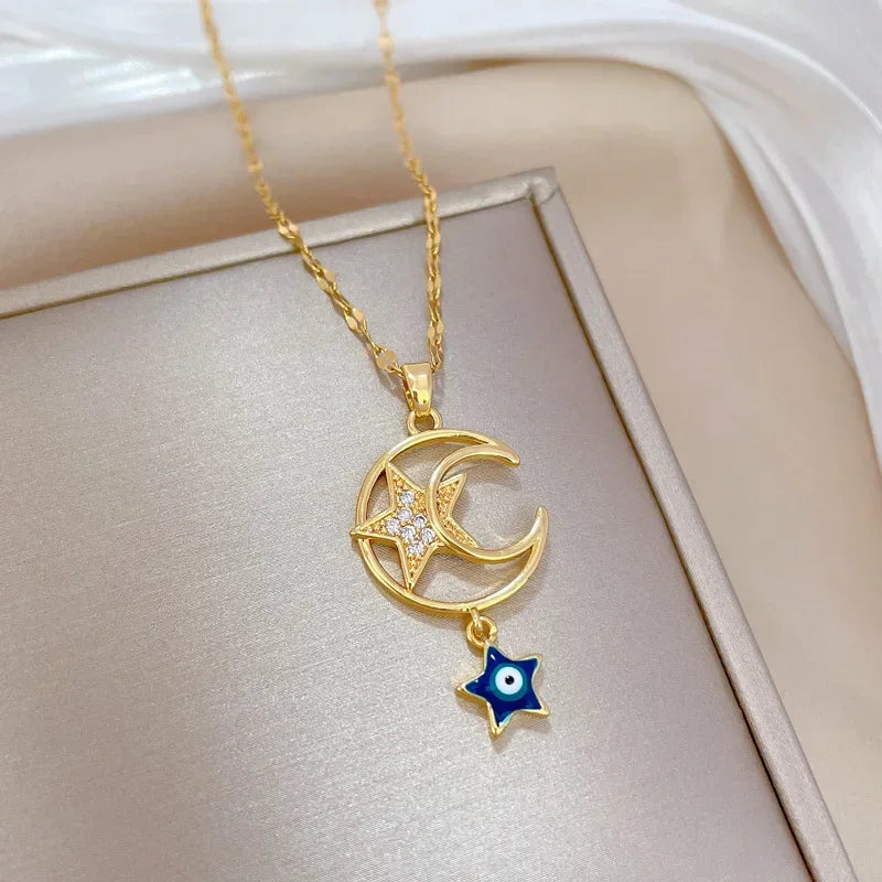 Crescent Moon Pendant Necklace Stainless Steel Zircon Vintage Jewelry