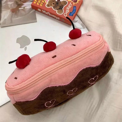 Cherry Cake Plush Pencil Case, Large Capacity Student Stationery Pouch Gift