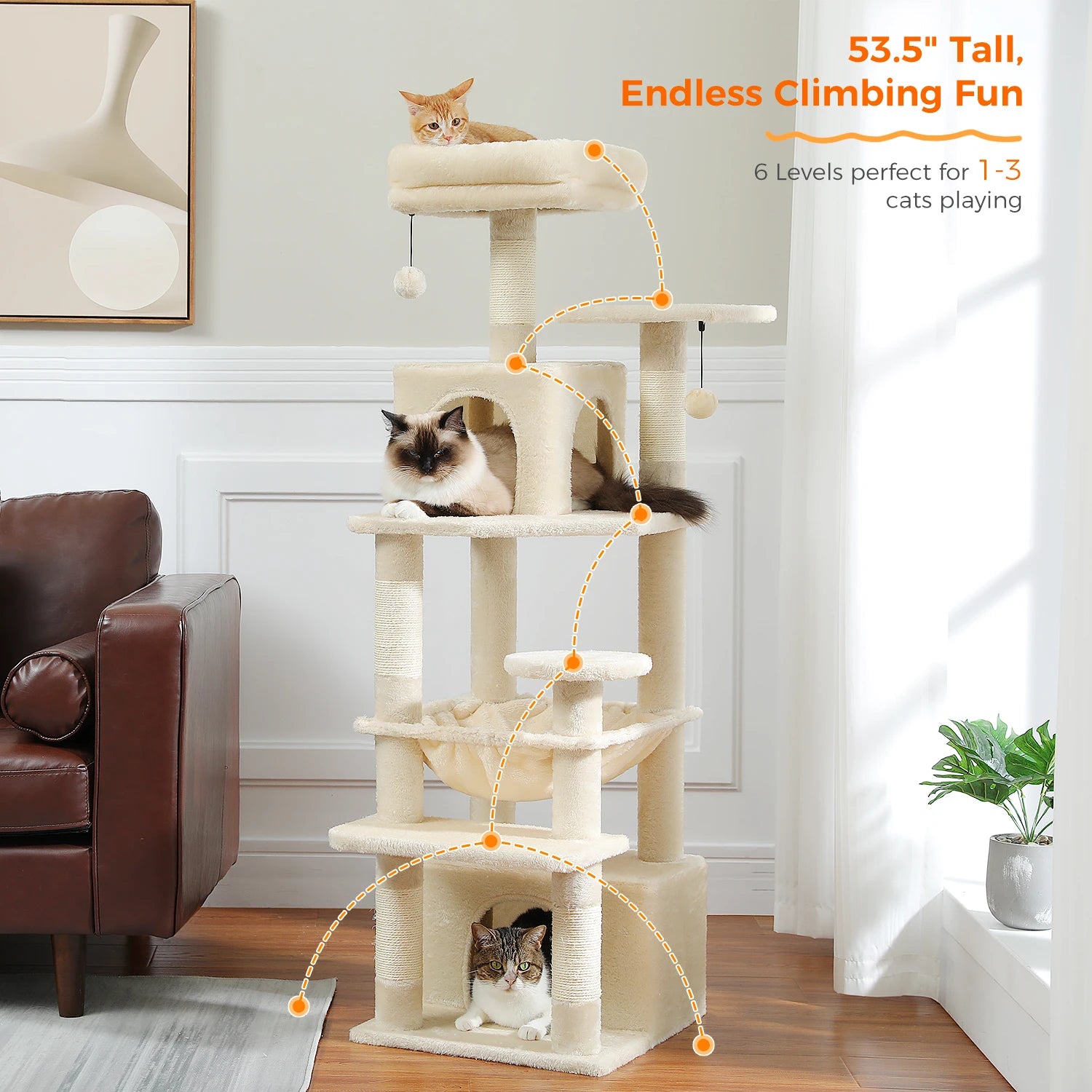 Large Cat Tree Tower with Hammock And Perches Sisal Scratching Posts Spacious Condos And Cat Toys for Indoor Cats Grey/Beige/Black