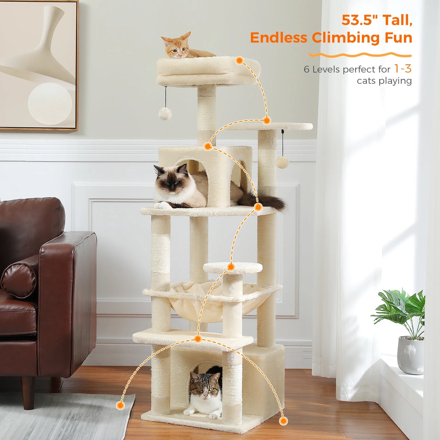 Large Cat Tree Tower with Hammock And Perches Sisal Scratching Posts Spacious Condos And Cat Toys for Indoor Cats Grey/Beige/Black