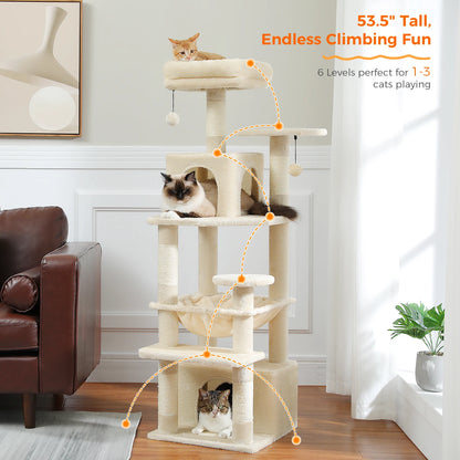 Large Cat Tree Tower with Hammock And Perches Sisal Scratching Posts Spacious Condos And Cat Toys for Indoor Cats Grey/Beige/Black