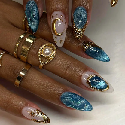 Y2K Star Press On Nails 24pcs – Blue Gradient French Gold Moon Almond False Nails