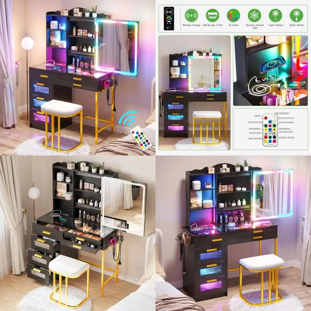 LED Vanity Desk with Sliding Mirror And Glass Top RGB Lighted Makeup Dresser with Chair Set Black Wood Finish 6-Drawer Dresser
