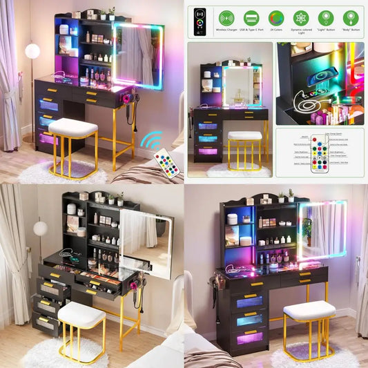 LED Vanity Desk with Sliding Mirror And Glass Top RGB Lighted Makeup Dresser with Chair Set Black Wood Finish 6-Drawer Dresser