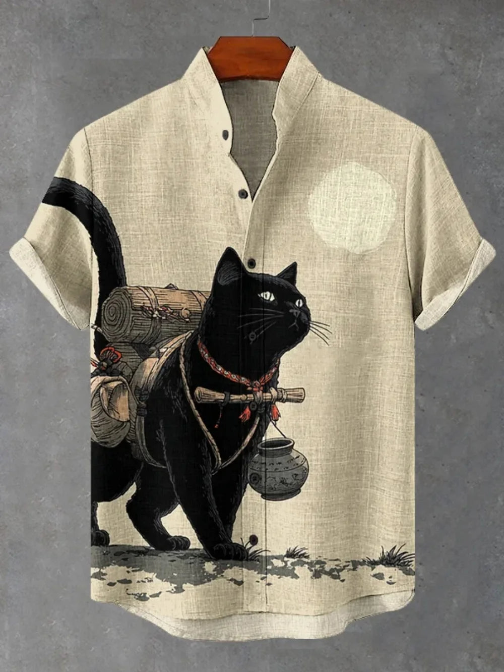 Men's Japanese Retro Black Cat Print Linen Shirt - Short Sleeve Stand Collar Casual Top
