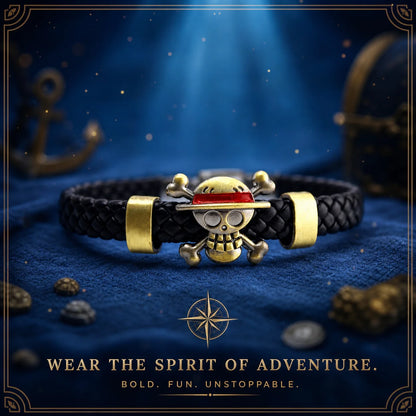 One Piece Luffy Straw Hat Skull Bracelet - Woven Leather Cord Anime Wristband for Fans