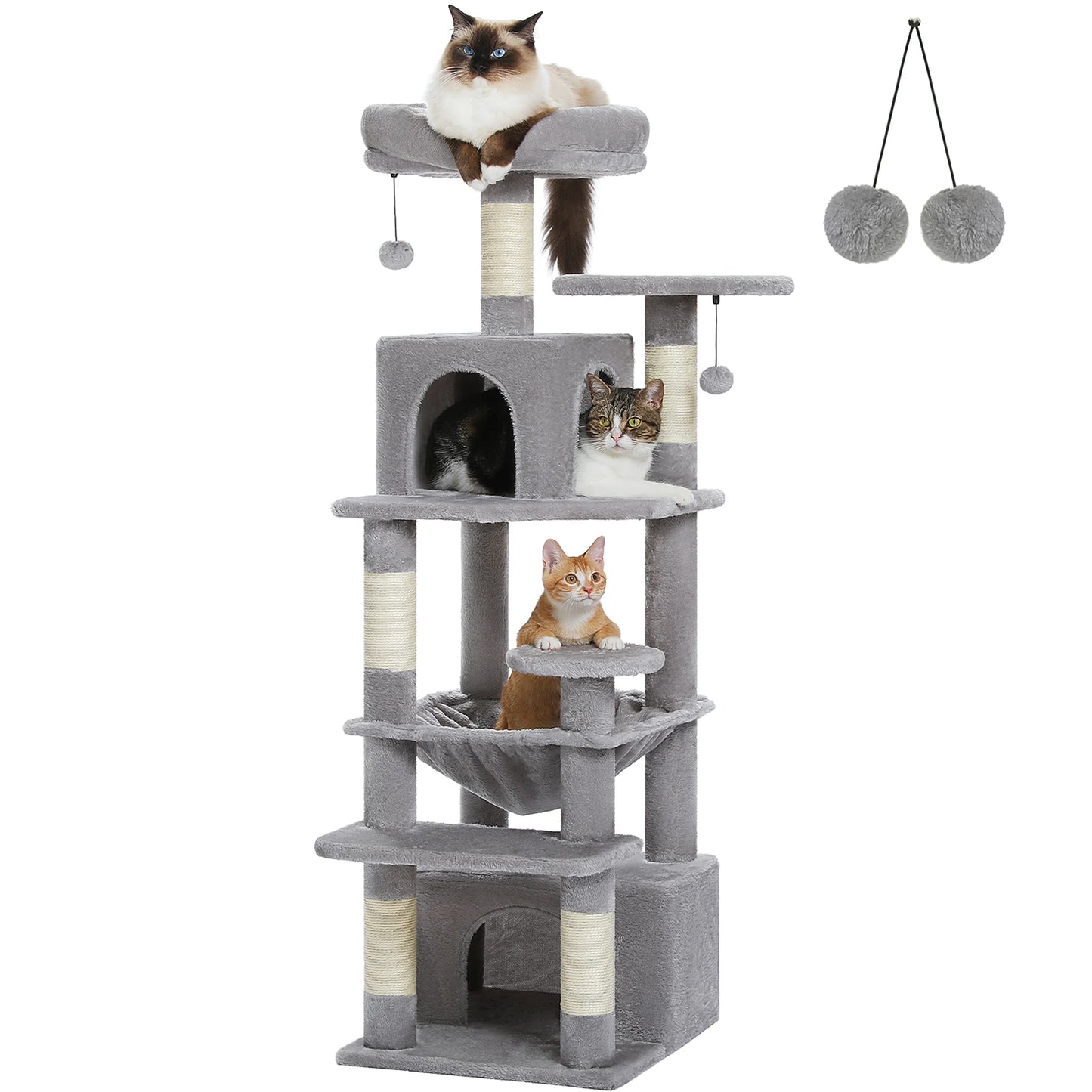 Large Cat Tree Tower with Hammock And Perches Sisal Scratching Posts Spacious Condos And Cat Toys for Indoor Cats Grey/Beige/Black