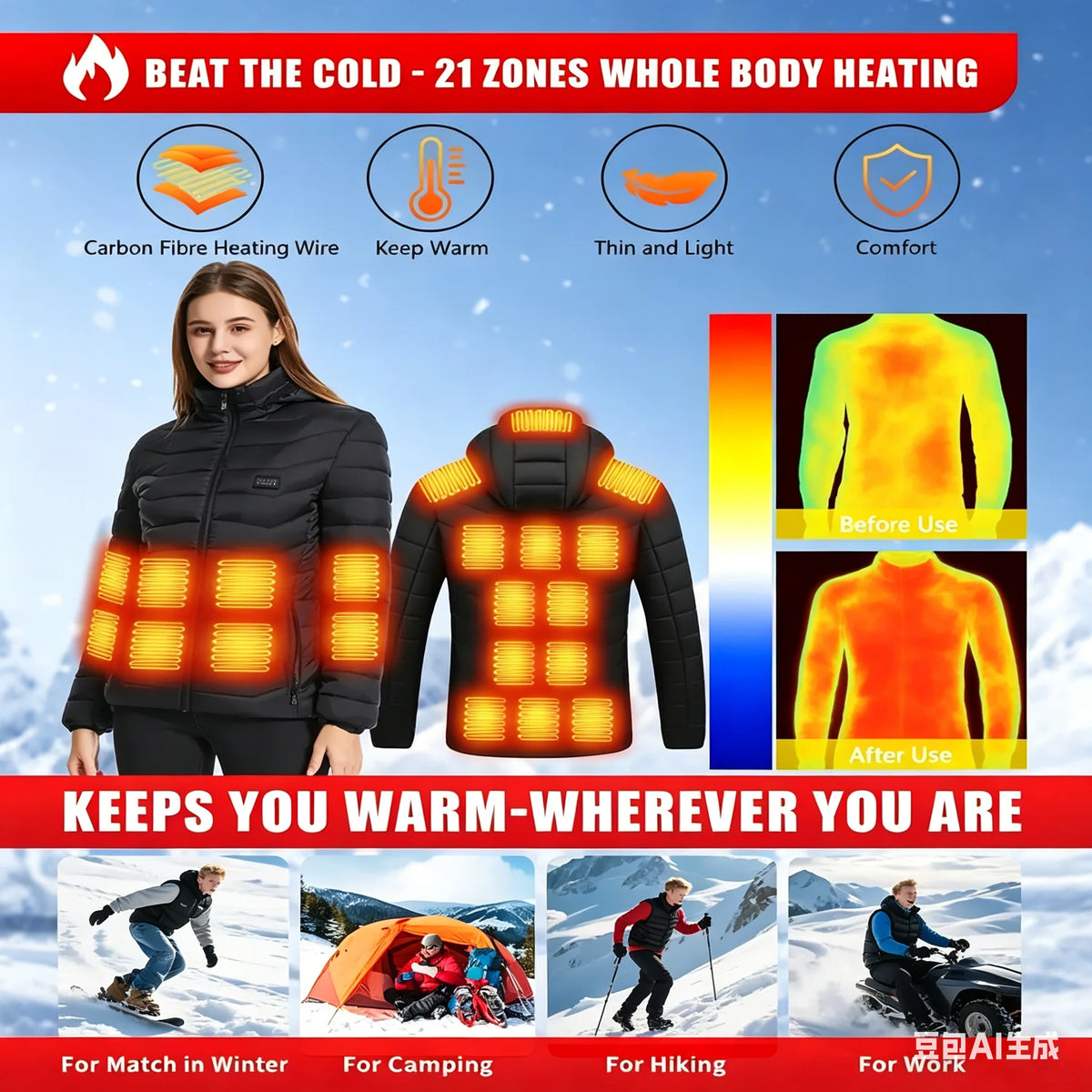 USB Heated Jacket with 29 Heating Zones - 3 Heat Levels, Warm Winter Coat for Outdoor Sports