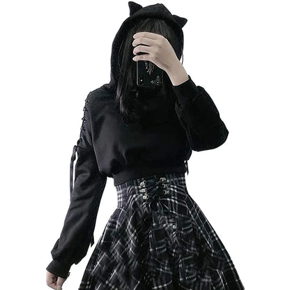 Y2K Gothic Cat Ear Crop Hoodie for Women - Hollow Out Lace-Up Long Sleeve Pullover