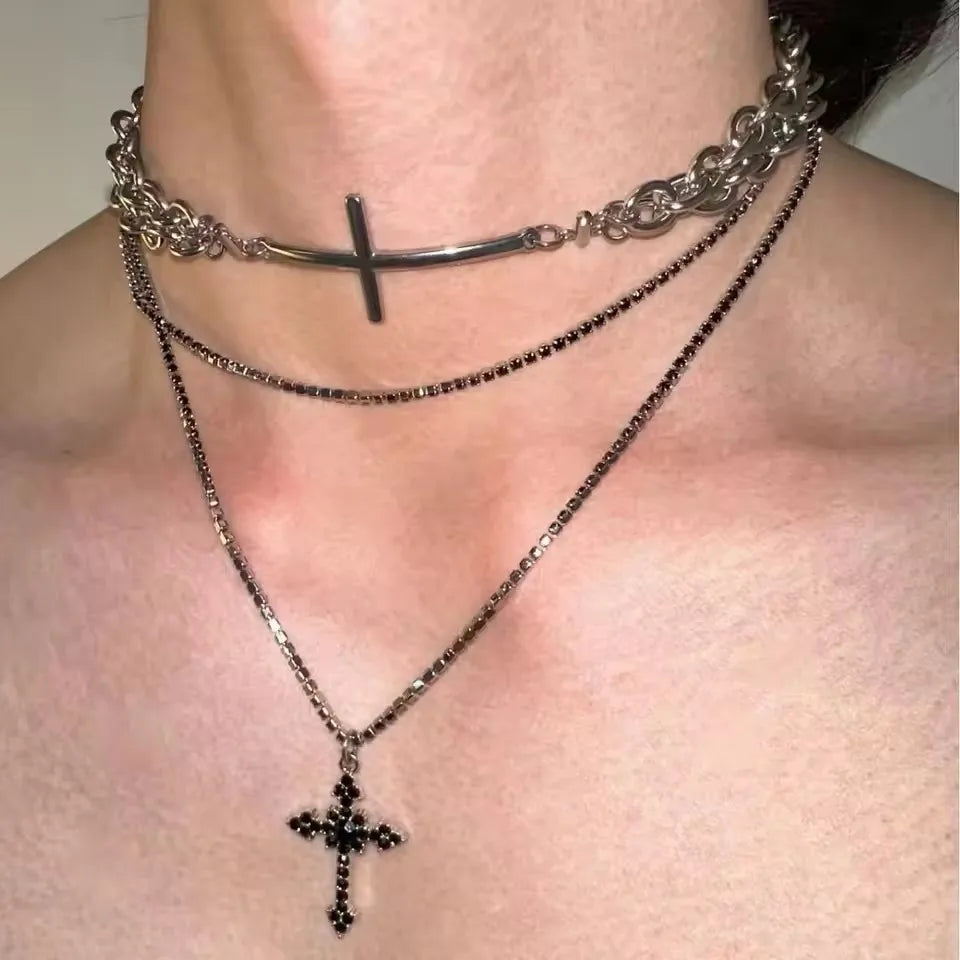 Punk Star Heart Cross Double Layer Chain Necklace – Y2K Grunge & EMO Rock Style for Men and Women