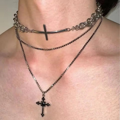 Punk Star Heart Cross Double Layer Chain Necklace – Y2K Grunge & EMO Rock Style for Men and Women
