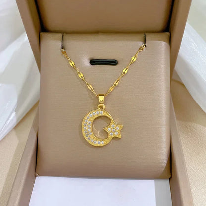 Crescent Moon Pendant Necklace Stainless Steel Zircon Vintage Jewelry
