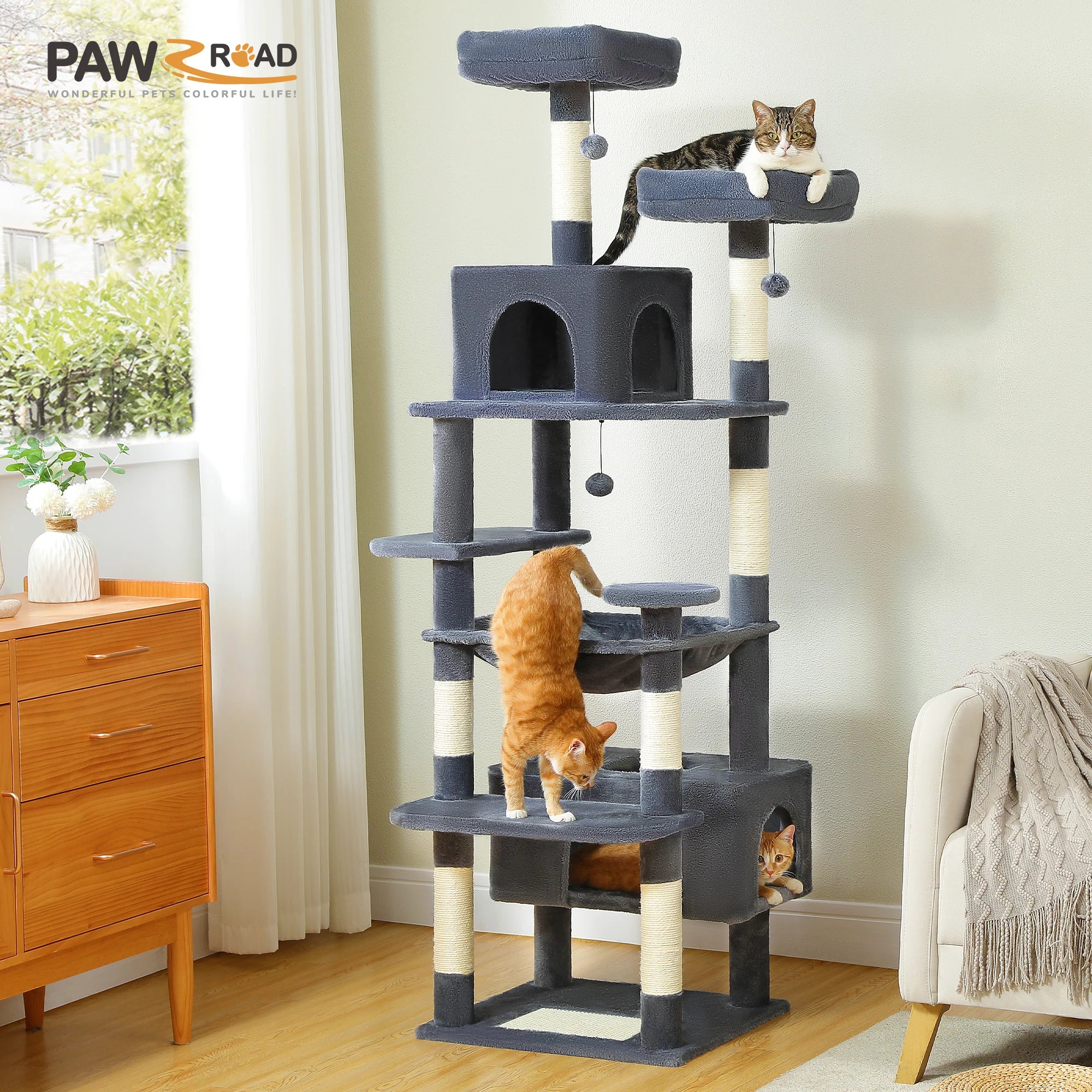 Large Cat Tree Tower with Hammock And Perches Sisal Scratching Posts Spacious Condos And Cat Toys for Indoor Cats Grey/Beige/Black