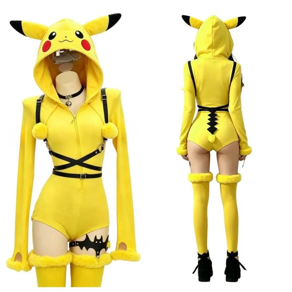 Pikachu Cosplay Hooded Bodysuit for Women – Yellow Plush Jumpsuit with Tail and Socks