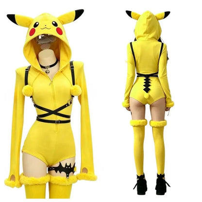 Pikachu Cosplay Hooded Bodysuit for Women – Yellow Plush Jumpsuit with Tail and Socks