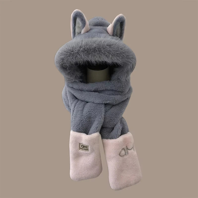 Fox Ear Plush Hat and Scarf Set - Warm Furry Winter Ear Protection Hood
