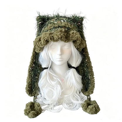 Handmade Crochet Moss Green Fox Ear Hat – Plush Floral Knit Goblincore Winter Hood